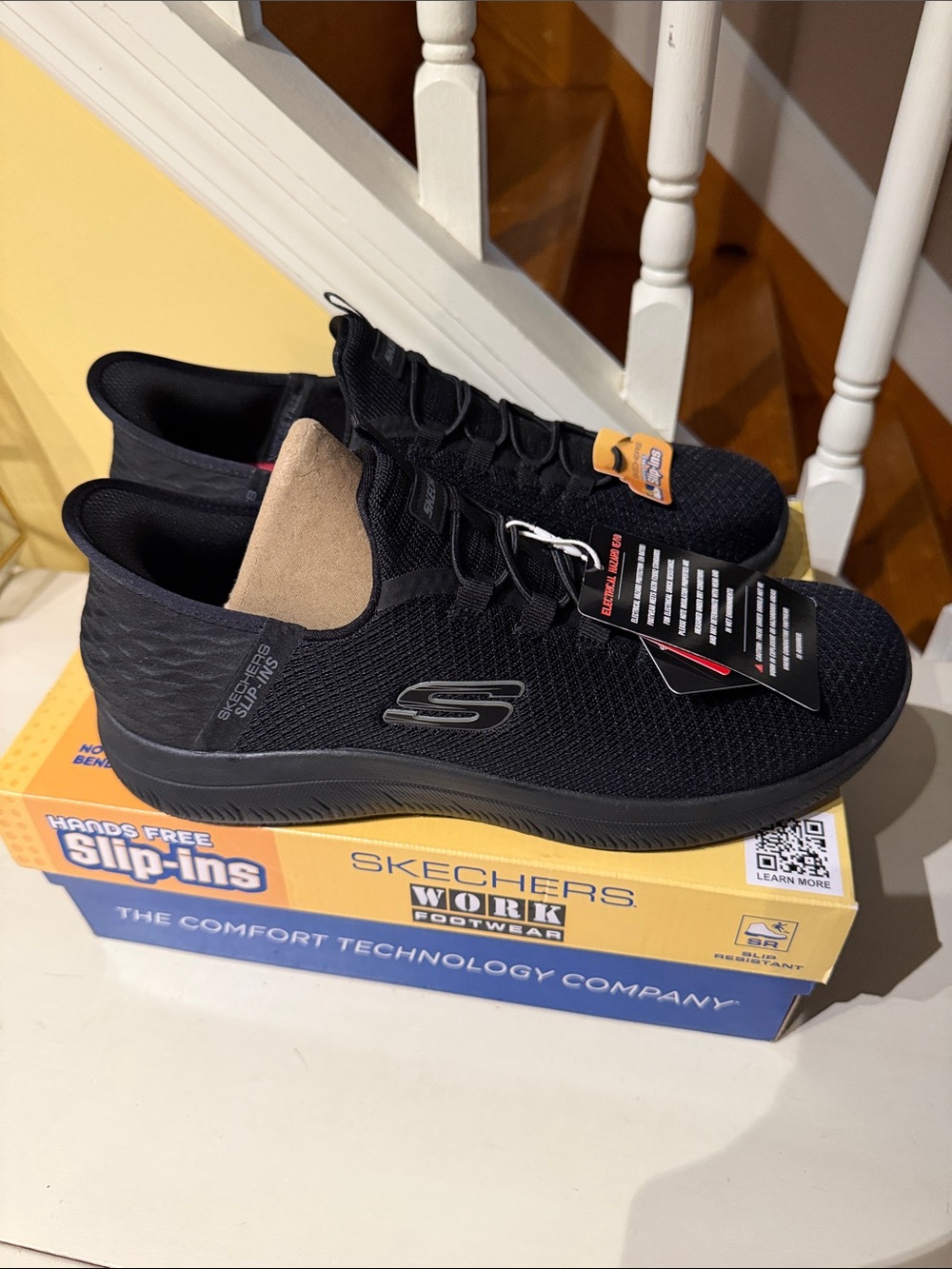 Skechers Black Mesh Slip-On Work Sneakers with Tan Pull Tab